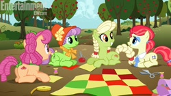 Size: 510x288 | Tagged: safe, screencap, character:apple rose, character:auntie applesauce, character:granny smith, character:sew 'n sow, species:earth pony, species:pony, episode:apple family reunion, g4, my little pony: friendship is magic, apple tree, braid, braided tail, female, flashback, mare, prone, quilt, tree, young granny smith, younger