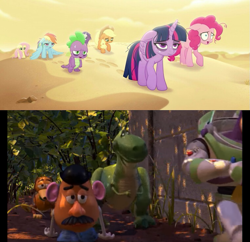 Size: 761x738 | Tagged: safe, screencap, character:applejack, character:fluttershy, character:pinkie pie, character:rainbow dash, character:rarity, character:spike, character:twilight sparkle, character:twilight sparkle (alicorn), species:alicorn, species:pony, my little pony: the movie (2017), buzz lightyear, comparison, desert, mane six, mr. potato head, rex (toy story), slinky dog, toy, toy story, toy story 2