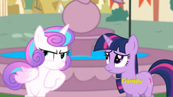 Size: 1024x576 | Tagged: safe, artist:anthony60617, screencap, character:princess flurry heart, character:twilight sparkle, character:twilight sparkle (unicorn), species:pony, species:unicorn, discovery family logo, duo, fake screencap, fountain, i can't believe it's not hasbro studios, older, older flurry heart, ponyville, sad, scheming, thinking, time travel, wingless