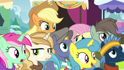 Size: 1280x720 | Tagged: safe, screencap, character:applejack, character:fluttershy, character:lemon hearts, character:minty bubblegum, character:star hunter, character:sweet biscuit, species:earth pony, species:pony, species:unicorn, episode:best gift ever, g4, my little pony: friendship is magic, applejack's hat, clothing, cowboy hat, crowd, female, freckles, frown, hat, lidded eyes, male, mare, raised eyebrow, scarf, smiling, stallion, stetson, sweater