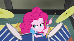 Size: 1280x714 | Tagged: safe, screencap, character:pinkie pie, equestria girls:rainbow rocks, g4, my little pony:equestria girls, annoyed, drums, drumsticks, musical instrument, pinkie pie is not amused, rimshot, solo, unamused