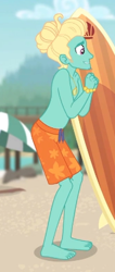Size: 187x441 | Tagged: safe, screencap, character:zephyr breeze, episode:blue crushed (a.k.a baewatch), g4, my little pony:equestria girls, bare chest, barefoot, clothing, cropped, feet, gladys, legs, male, partial nudity, shorts, smiling, sunglasses, surfboard, swimming trunks, topless, zephyr's necklace