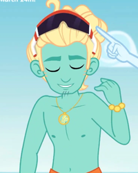Size: 412x514 | Tagged: safe, screencap, character:rainbow dash, character:zephyr breeze, episode:blue crushed (a.k.a baewatch), g4, my little pony:equestria girls, arms, bare arms, bare chest, clothing, cropped, eyes closed, jewelry, male, manbun, necklace, offscreen character, partial nudity, sunglasses, topless, zephyr's necklace