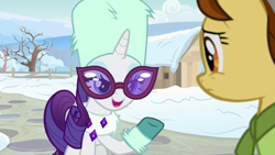 Size: 1280x720 | Tagged: safe, screencap, character:oak nut, character:rarity, species:pony, episode:best gift ever, g4, my little pony: friendship is magic, snow, tree