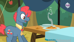 Size: 498x281 | Tagged: safe, screencap, character:apple split, species:earth pony, species:pony, episode:apple family reunion, g4, my little pony: friendship is magic, apple family member, apple fritter (food), background pony, food, male, solo, stallion