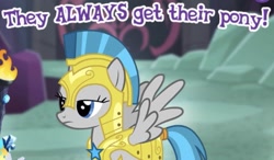 Size: 473x276 | Tagged: safe, gameloft, screencap, character:windstorm, species:pegasus, species:pony, armor, background pony, caption, female, fire, guardsmare, mare, meme, royal guard, solemn canterlot marshal, wow! glimmer