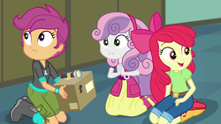 Size: 1280x720 | Tagged: safe, screencap, character:apple bloom, character:scootaloo, character:sweetie belle, species:pegasus, species:pony, episode:happily ever after party, g4, my little pony:equestria girls, boots, clothing, cutie mark crusaders, cyoa, happily ever after party: applejack, jeans, open mouth, pants, shoes, shorts, skirt