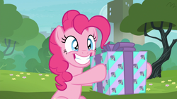 Size: 1920x1080 | Tagged: safe, screencap, character:maud pie, character:pinkie pie, species:earth pony, species:pony, episode:the gift of the maud pie, g4, my little pony: friendship is magic, female, mare, present, smiling, solo