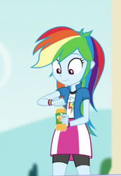 Size: 218x316 | Tagged: safe, screencap, character:rainbow dash, equestria girls:dance magic, g4, my little pony:equestria girls, apple cider (drink), clothing, compression shorts, cropped, cute, dashabetes, drink, female, shorts, skirt