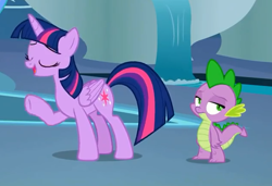 Size: 634x433 | Tagged: safe, screencap, character:spike, character:twilight sparkle, character:twilight sparkle (alicorn), species:alicorn, species:dragon, species:pony, episode:horse play, g4, my little pony: friendship is magic, aside glance, cropped, cutie mark, eyes closed, female, looking at you, looking sideways, male, tail, wings