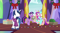 Size: 1280x720 | Tagged: safe, screencap, character:princess cadance, character:princess flurry heart, character:shining armor, character:twilight sparkle, character:twilight sparkle (alicorn), species:alicorn, species:pony, episode:best gift ever, g4, my little pony: friendship is magic, christmas, christmas lights, christmas wreath, clothing, earmuffs, holiday, scarf, star flurry heart, twilight's castle, wreath