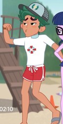Size: 306x596 | Tagged: safe, screencap, character:timber spruce, character:twilight sparkle, character:twilight sparkle (scitwi), species:eqg human, episode:unsolved selfie mysteries, g4, my little pony:equestria girls, clothing, cropped, feet, legs, lifeguard timber, male, offscreen character, sandals, shorts, solo focus