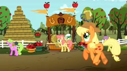 Size: 1280x720 | Tagged: safe, screencap, character:applejack, character:daisy, character:gala appleby, character:granny smith, character:parasol, species:earth pony, species:pony, episode:the super speedy cider squeezy 6000, g4, my little pony: friendship is magic, apple, apple family member, apple tree, applejack's hat, barrel, cider, clothing, cowboy hat, cute, female, fence, food, hat, jackabetes, looking up, mare, open mouth, silly, silly pony, stetson, tankard, tree