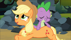Size: 1038x582 | Tagged: safe, screencap, character:applejack, character:spike, species:dragon, species:earth pony, species:pony, episode:spike at your service, g4, my little pony: friendship is magic, back scratching, butt touch, excited, female, hand on butt, lip bite, male, mare, rock