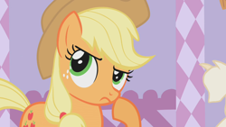 Size: 1280x720 | Tagged: safe, screencap, character:applejack, species:pony, episode:suited for success, g4, my little pony: friendship is magic, applejack's hat, carousel boutique, clothing, cowboy hat, hat, hmm, solo, stetson