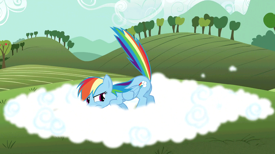 Size: 960x540 | Tagged: safe, screencap, character:rainbow dash, episode:too many pinkie pies, g4, my little pony: friendship is magic, animated, animation error, annoyed, behaving like a beaver, cloud, fog, frown, solo, tail, tail flick, tail whip, whipping