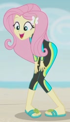 Size: 1204x2100 | Tagged: safe, screencap, character:fluttershy, my little pony:equestria girls, adorasexy, aww... baby turtles, beach, cropped, curvy, cute, feet, flip-flops, hands on knees, happy, open mouth, sandals, sexy, shyabetes, solo, wetsuit