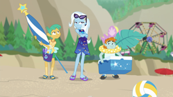 Size: 1920x1080 | Tagged: safe, screencap, character:snails, character:snips, character:trixie, equestria girls:forgotten friendship, g4, my little pony:equestria girls, beach, belly button, clothing, feet, female, ferris wheel, flip-flops, male, sandals, sarong, sunglasses, swimsuit, trixie's fans