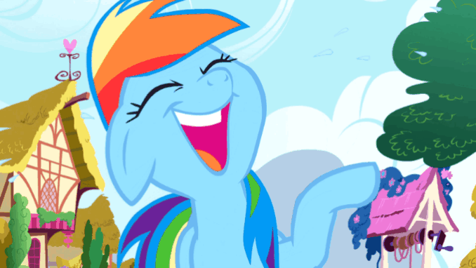 Size: 678x382 | Tagged: safe, screencap, character:rainbow dash, species:pony, episode:friendship is magic, g4, my little pony: friendship is magic, animated, cute, dashabetes, faec, gif, introduction, laughing, laughingmares.jpg, loop, solo, well