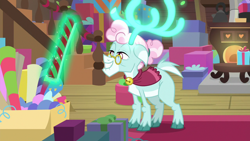 Size: 1280x720 | Tagged: safe, screencap, character:aurora, species:deer, species:reindeer, episode:best gift ever, g4, my little pony: friendship is magic, deer magic, female, levitation, magic, present, solo, stairs, telekinesis, wrapping paper