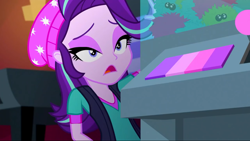 Size: 1280x720 | Tagged: safe, screencap, character:starlight glimmer, equestria girls:mirror magic, g4, my little pony:equestria girls, beanie, bedroom eyes, clothing, hat, lidded eyes, makeup, mascara, shirt, solo, vest