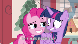 Size: 1280x720 | Tagged: safe, screencap, character:pinkie pie, character:twilight sparkle, character:twilight sparkle (alicorn), species:alicorn, species:pony, episode:best gift ever, episode:the great escape room, g4, my little pony: friendship is magic, chinese, hearth's warming shorts, out of context, raised eyebrow