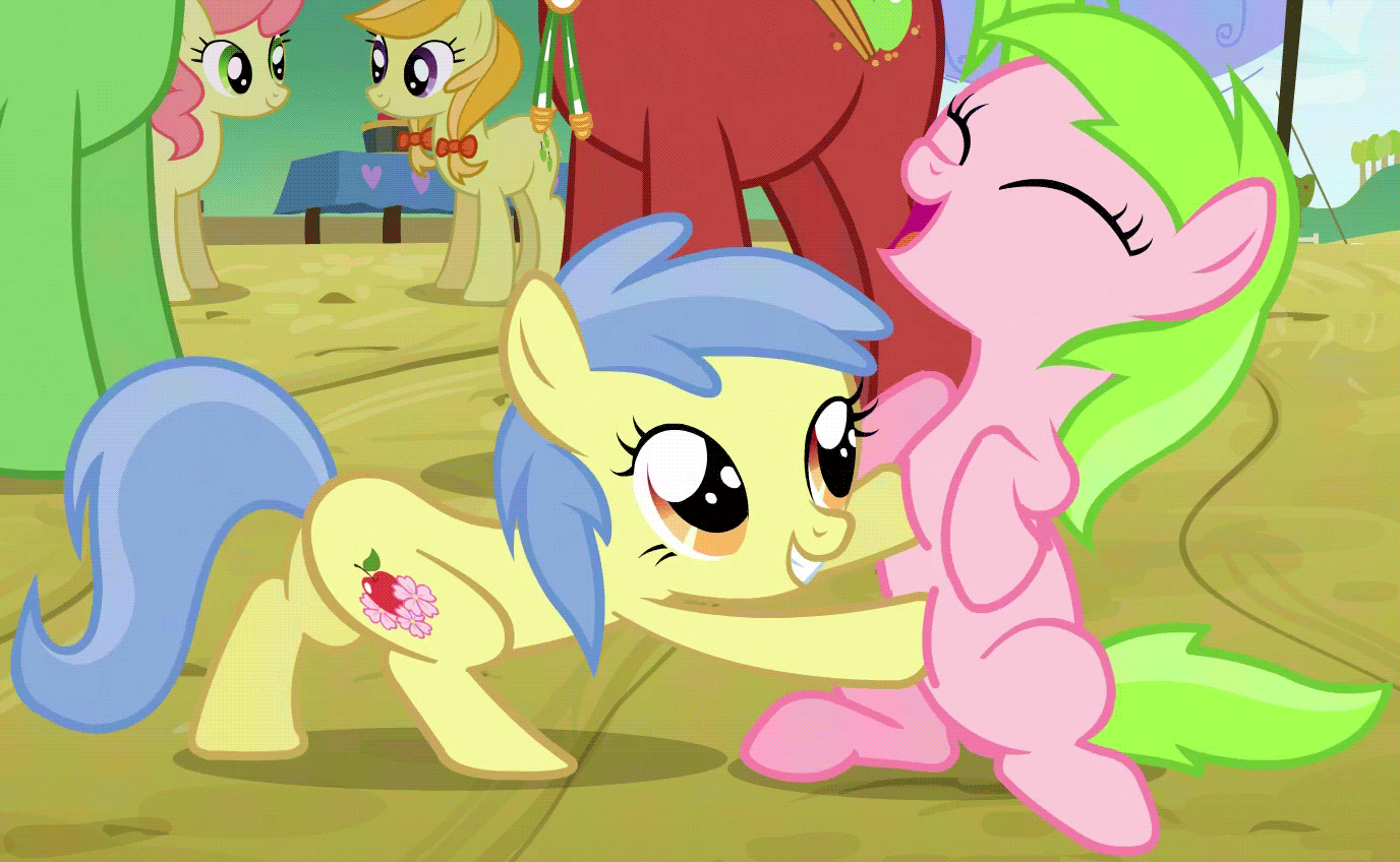 Size: 1376x848 | Tagged: safe, screencap, character:apple cinnamon, character:apple flora, character:gala appleby, character:jonagold, character:pink lady, character:sweet tooth, character:wensley, episode:apple family reunion, g4, my little pony: friendship is magic, animated, apple family, apple family member, bellyrubs, cute, filly, tickling, weapons-grade cute