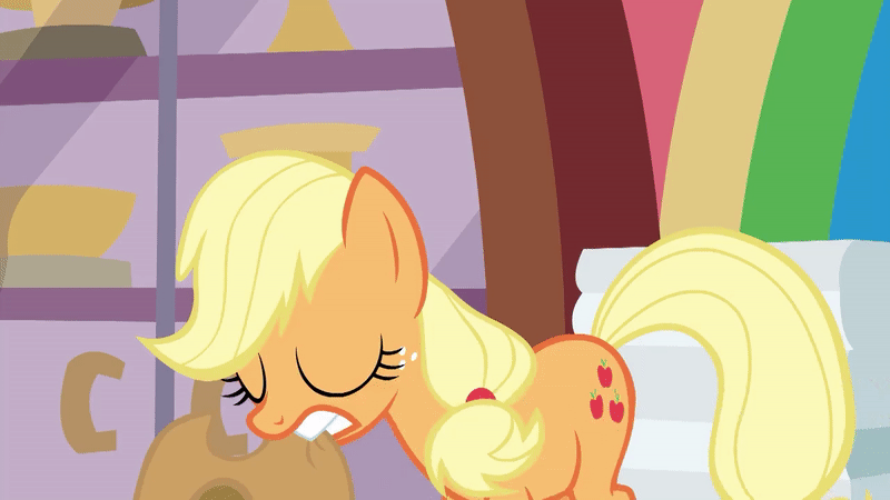 Size: 800x450 | Tagged: safe, screencap, character:applejack, species:earth pony, species:pony, episode:best gift ever, episode:triple pony dare ya, g4, my little pony: friendship is magic, animated, applejack's hat, chinese, clothing, cowboy hat, cute, eyes closed, female, gif, hat, hearth's warming shorts, hug, jackabetes, mare, silly, silly pony, smiling, stetson, that pony sure does love her hat, who's a silly pony