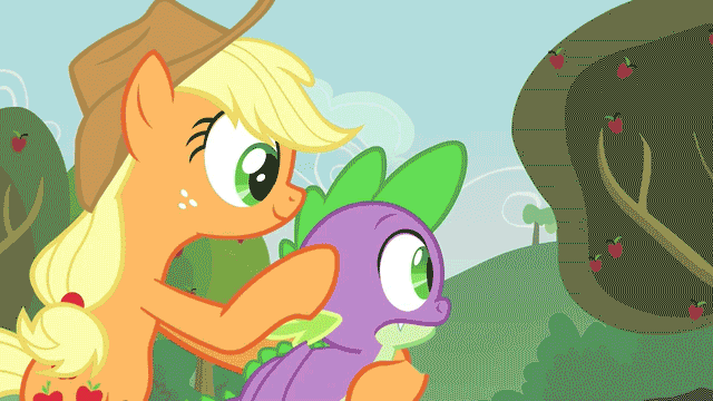 Size: 640x360 | Tagged: safe, screencap, character:applejack, character:spike, species:dragon, species:earth pony, species:pony, episode:apple family reunion, g4, my little pony: friendship is magic, animated, behaving like a weapon, female, fire, green fire, male, mare, zippo spike