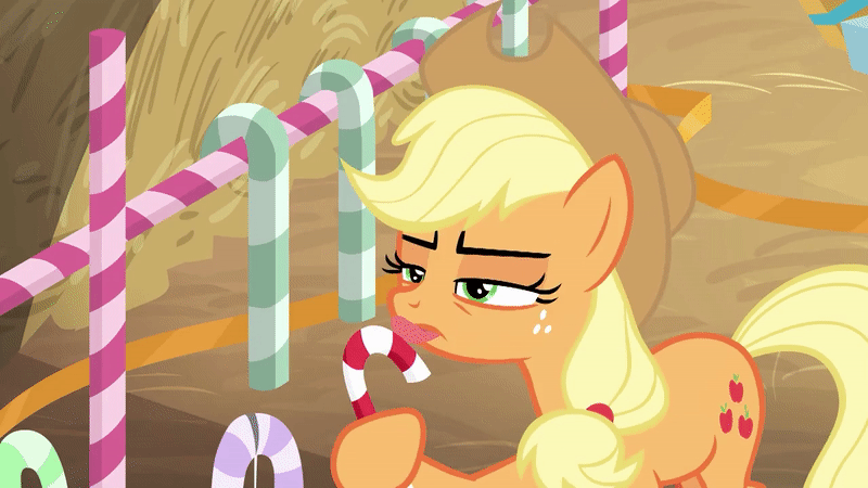 Size: 800x450 | Tagged: safe, screencap, character:applejack, species:earth pony, species:pony, episode:best gift ever, episode:the great escape room, g4, my little pony: friendship is magic, animated, candy, candy cane, cute, food, gif, hearth's warming shorts, licking, loop, tongue out