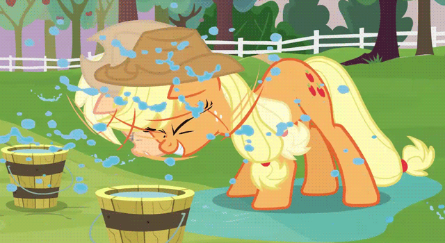 Size: 640x350 | Tagged: safe, screencap, character:applejack, species:earth pony, species:pony, episode:apple family reunion, g4, my little pony: friendship is magic, animated, shake, shaking, solo, wet, wet mane, wet-dog shake