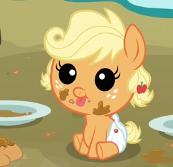 Size: 670x645 | Tagged: safe, screencap, character:applejack, species:pony, episode:apple family reunion, g4, my little pony: friendship is magic, baby, baby pony, babyjack, chubby, cropped, cute, diaper, foal