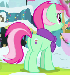 Size: 444x478 | Tagged: safe, screencap, character:minty bubblegum, species:pony, species:unicorn, episode:best gift ever, g4, my little pony: friendship is magic, background pony, clothing, cropped, female, hearth's warming, mare, plot, scarf, snow, solo