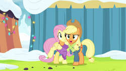 Size: 1280x720 | Tagged: safe, screencap, character:applejack, character:fluttershy, species:pony, episode:best gift ever, g4, my little pony: friendship is magic, squishy cheeks