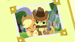 Size: 1280x720 | Tagged: safe, screencap, character:applejack, character:braeburn, episode:apple family reunion, g4, my little pony: friendship is magic, braebetes, cousins, cute, duo, hammer, jackabetes, looking at you, mouth hold, nails, photo