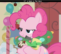 Size: 1770x1562 | Tagged: safe, screencap, character:pinkie pie, episode:best gift ever, episode:the great escape room, g4, my little pony: friendship is magic, cropped, hearth's warming shorts, mid-blink screencap, solo, text