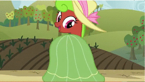 Size: 300x170 | Tagged: safe, screencap, species:earth pony, species:pony, episode:apple family reunion, g4, my little pony: friendship is magic, animated, apple bottom, clothing, dancing, dress, female, hat, looking back, mare, open mouth, plot, raised hoof, smiling, solo