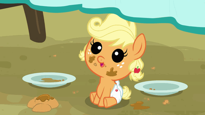 Size: 672x378 | Tagged: safe, screencap, character:apple split, character:applejack, species:earth pony, species:pony, episode:apple family reunion, g4, my little pony: friendship is magic, animated, apple family member, baby, baby pony, babyjack, cute, dawwww, diaper, female, foal, hnnng, jackabetes, male, open mouth, silly, silly pony, sitting, stallion, tongue out, weapons-grade cute