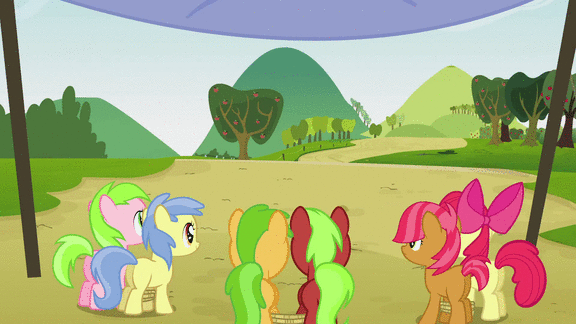 Size: 576x324 | Tagged: safe, screencap, character:apple bloom, character:apple flora, character:apple squash, character:applejack, character:babs seed, character:red june, character:sweet tooth, episode:apple family reunion, g4, my little pony: friendship is magic, animated, apple family member, gif