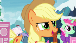 Size: 1280x720 | Tagged: safe, screencap, character:applejack, character:minty bubblegum, character:star hunter, species:earth pony, species:pony, species:unicorn, episode:best gift ever, g4, my little pony: friendship is magic, clothing, female, mare, scarf