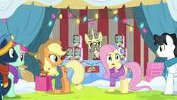 Size: 1280x720 | Tagged: safe, screencap, character:applejack, character:flim, character:fluttershy, character:minty bubblegum, character:star hunter, character:starry eyes, species:earth pony, species:pegasus, species:pony, species:unicorn, episode:best gift ever, g4, my little pony: friendship is magic, christmas, christmas lights, female, holiday, holly the hearths warmer doll, male, mare, stallion
