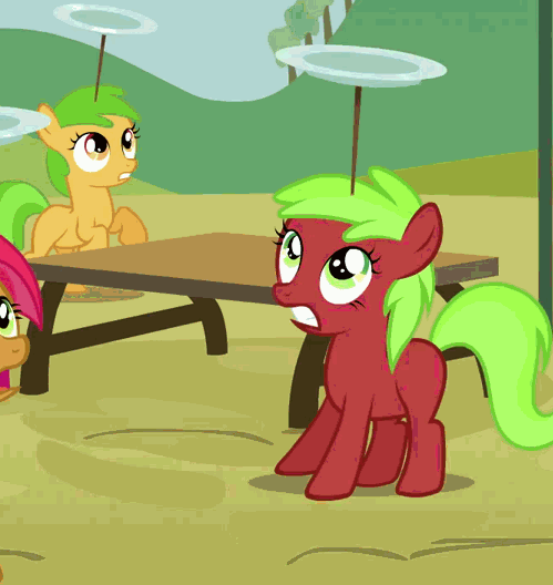 Size: 499x528 | Tagged: safe, screencap, character:apple squash, character:babs seed, character:red june, episode:apple family reunion, g4, my little pony: friendship is magic, animated, apple family member, fail, female, filly, plate, plate spinning