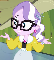 Size: 737x809 | Tagged: safe, screencap, character:diamond tiara, episode:best trends forever, g4, my little pony:equestria girls, adorkable, barrette, best trends forever: twilight sparkle, canterlot high, clothing, cropped, cute, diamondbetes, dork, female, glasses, grin, hallway, jacket, jewelry, lockers, necklace, raised eyebrow, smiling, solo focus