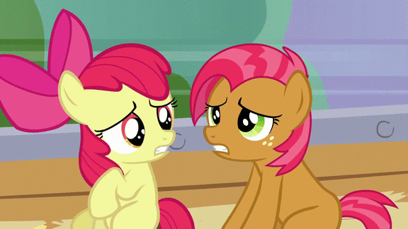 Size: 576x324 | Tagged: safe, screencap, character:apple bloom, character:babs seed, episode:apple family reunion, g4, my little pony: friendship is magic, animated, scared, sitting