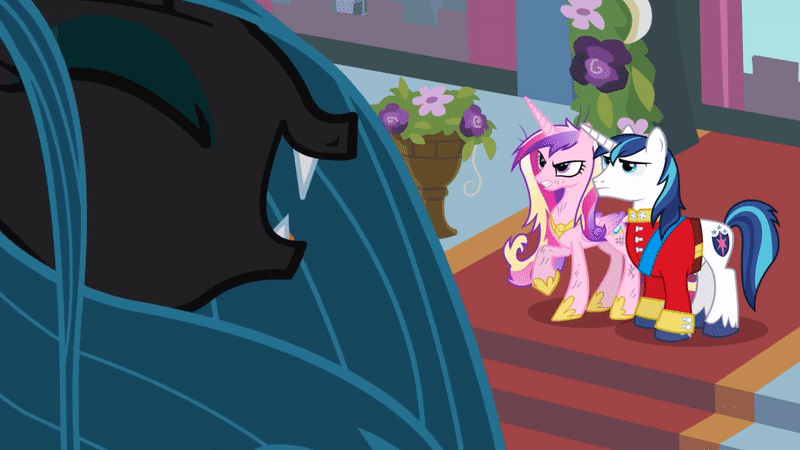 Size: 800x450 | Tagged: safe, screencap, character:princess cadance, character:queen chrysalis, character:shining armor, species:alicorn, species:changeling, species:pony, episode:a canterlot wedding, g4, my little pony: friendship is magic, angry, animated, annoyed, changeling queen, evil, evil laugh, eyes closed, fangs, female, frown, gif, gritted teeth, happy, horn, laughing, loop, male, mare, open mouth, raised hoof, stallion, trio, wings