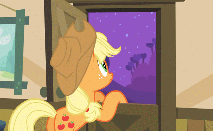 Size: 680x420 | Tagged: safe, screencap, character:applejack, species:earth pony, species:pony, episode:apple family reunion, g4, my little pony: friendship is magic, animated, applejack's parents, bipedal, bipedal leaning, female, leaning, looking up, mare, night, shooting stars, solo, stars