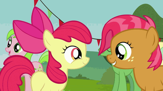 Size: 672x378 | Tagged: safe, screencap, character:apple bloom, character:apple honey, character:babs seed, character:red gala, character:wensley, episode:apple family reunion, g4, my little pony: friendship is magic, animated, apple family member, heartwarming, hug