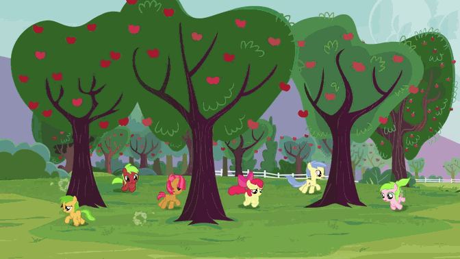 Size: 672x378 | Tagged: safe, screencap, character:apple bloom, character:apple flora, character:apple squash, character:babs seed, character:red june, character:sweet tooth, episode:apple family reunion, g4, my little pony: friendship is magic, animated, apple family member, loop, running