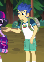 Size: 446x630 | Tagged: safe, screencap, character:flash sentry, character:twilight sparkle, character:twilight sparkle (scitwi), species:eqg human, equestria girls:legend of everfree, g4, my little pony:equestria girls, backpack, camp everfree outfits, clothing, cropped, legs, male, offscreen character, shorts, smiling, socks, solo focus