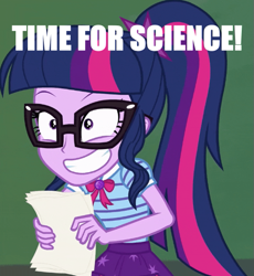 Size: 515x561 | Tagged: safe, screencap, character:twilight sparkle, character:twilight sparkle (scitwi), species:eqg human, equestria girls:forgotten friendship, g4, my little pony:equestria girls, caption, geode of telekinesis, glasses, grin, image macro, magical geodes, meme, science, smiling, text